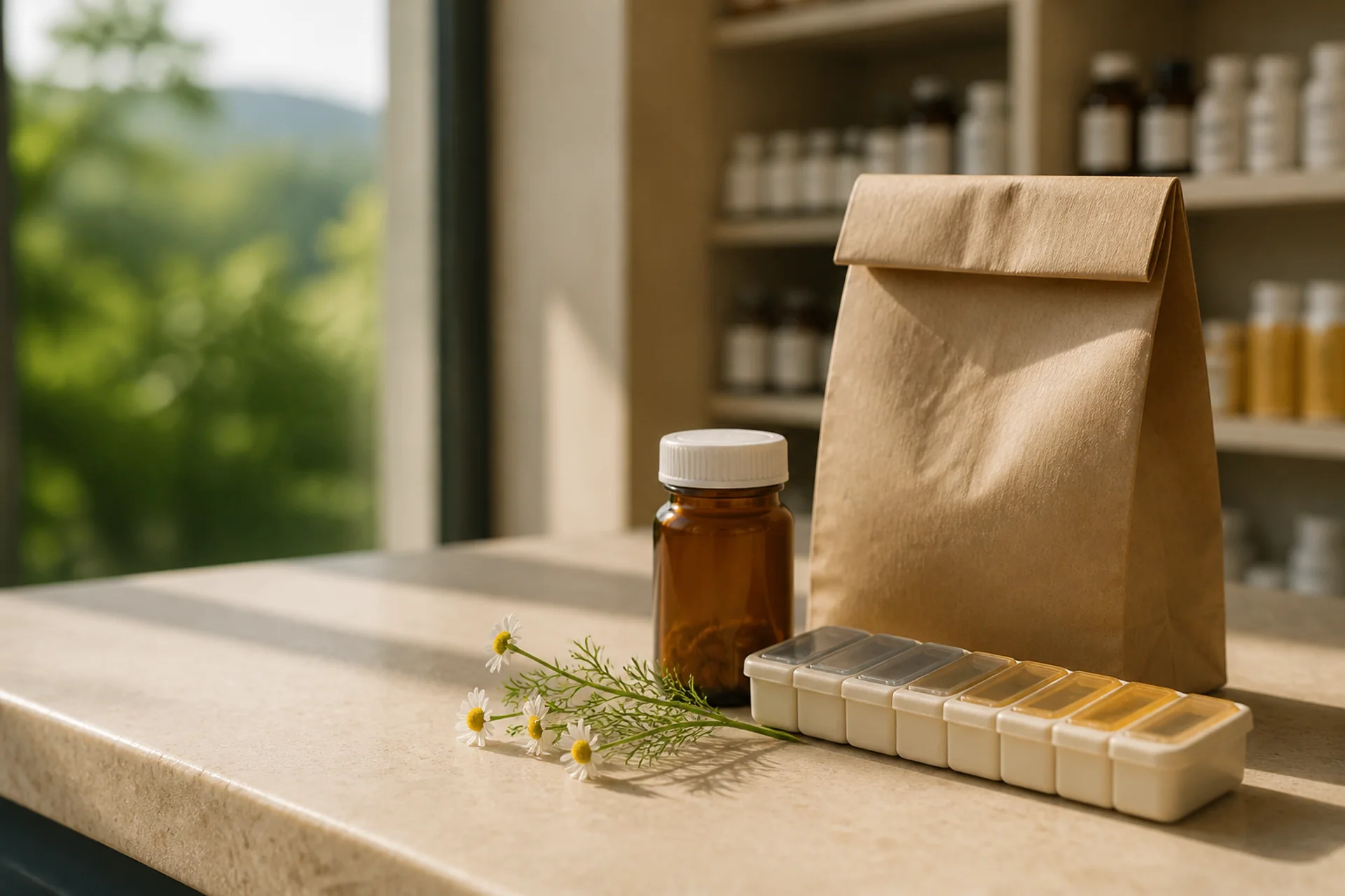 An amber pharmacy bottle, paper pharmacy bag, pill organizer, and chamomile on a sunlit counter